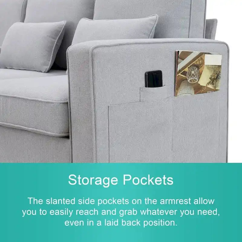 104-Inch Modern Linen Fabric Sofa for 4 with Armrest Pockets and 4 Cushions 11