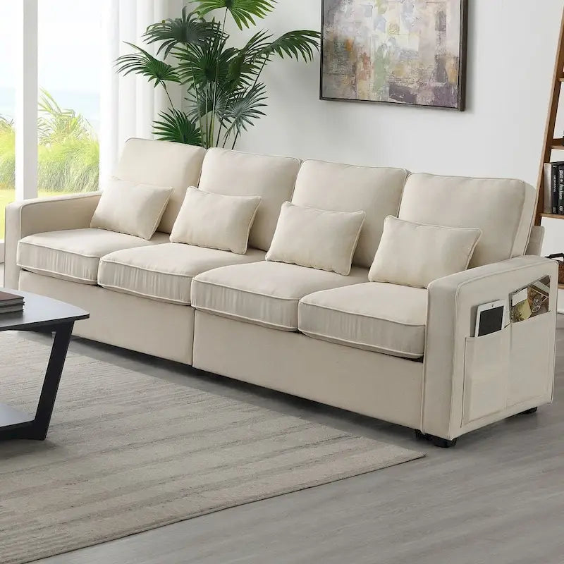 104-Inch Modern Linen Fabric Sofa for 4 with Armrest Pockets and 4 Cushions 13