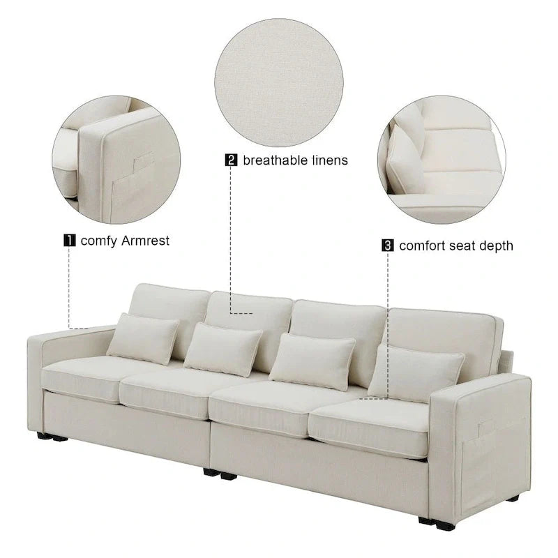 104-Inch Modern Linen Fabric Sofa for 4 with Armrest Pockets and 4 Cushions 14