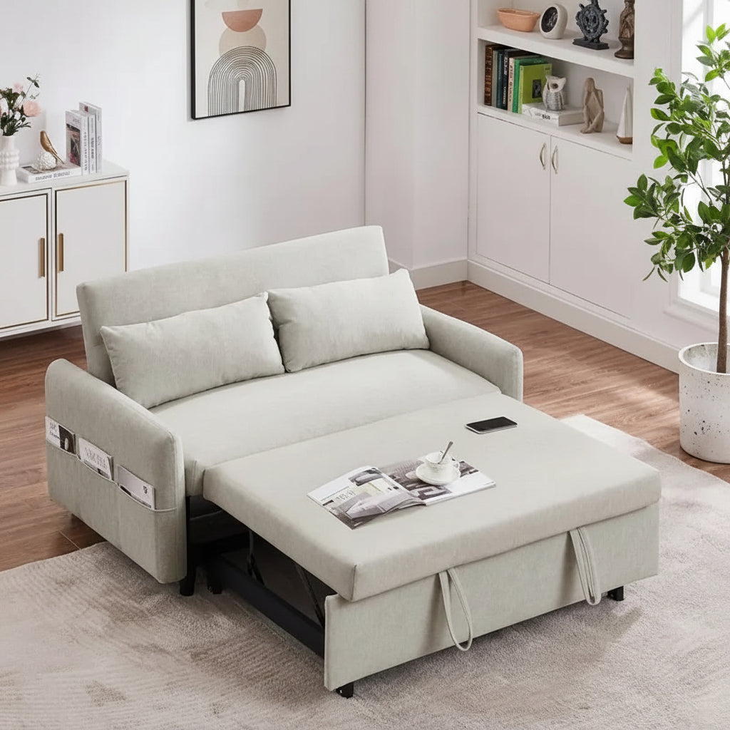 Convertible Sofa Bed Loveseat with Adjustable Backrest, Storage Pockets, and 2 Soft Pillows 1