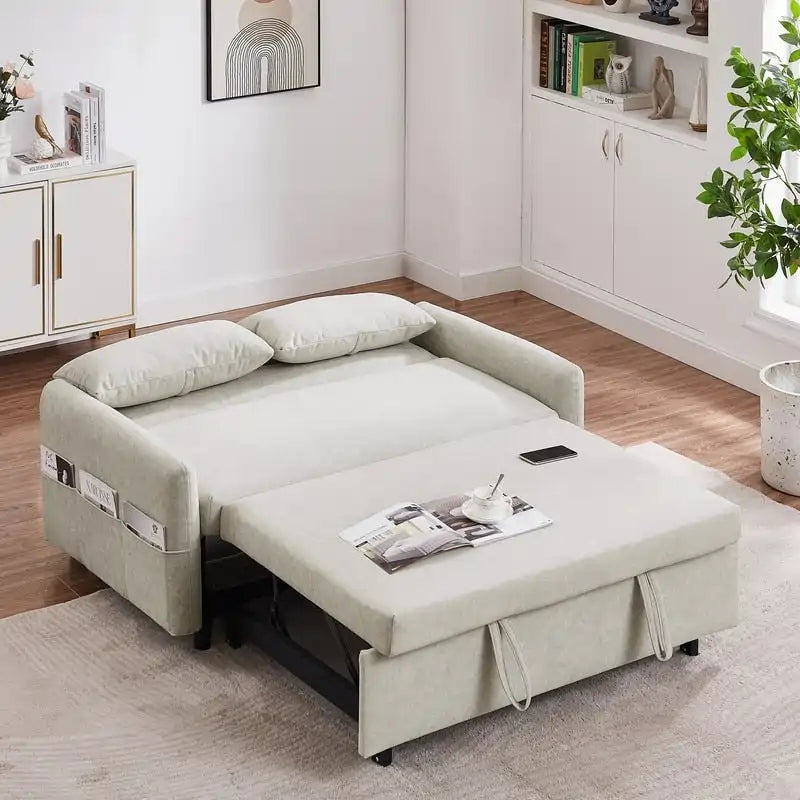 Convertible Sofa Bed Loveseat with Adjustable Backrest, Storage Pockets, and 2 Soft Pillows 2