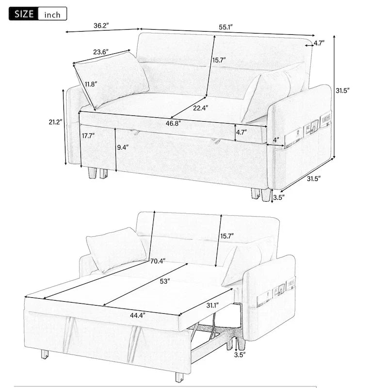 Convertible Sofa Bed Loveseat with Adjustable Backrest, Storage Pockets, and 2 Soft Pillows 9
