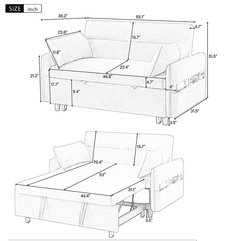 Convertible Sofa Bed Loveseat with Adjustable Backrest, Storage Pockets, and 2 Soft Pillows 29