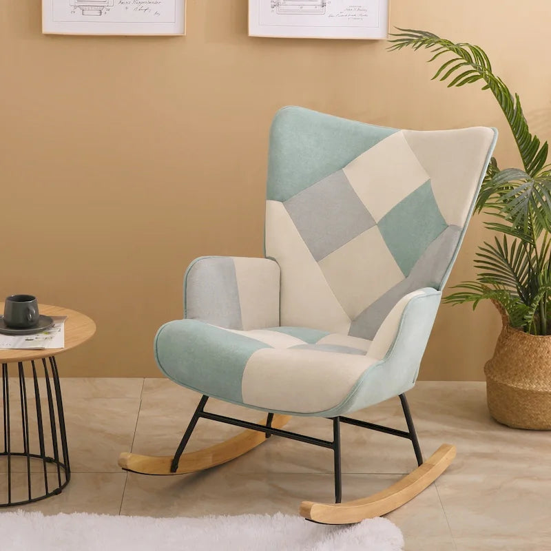 Mid-Century Patchwork Linen Rocking Chair with Wooden Legs 29