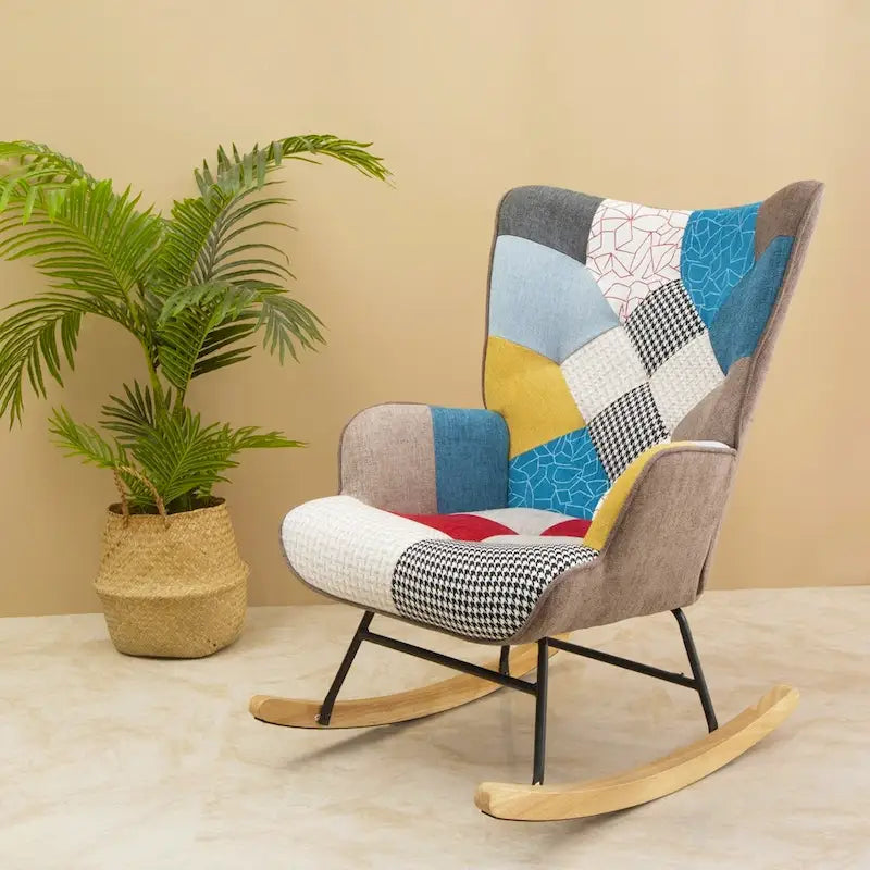 Mid-Century Patchwork Linen Rocking Chair with Wooden Legs 1