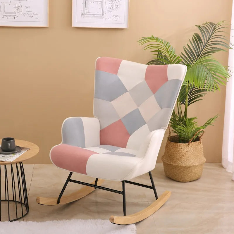 Mid-Century Patchwork Linen Rocking Chair with Wooden Legs 3