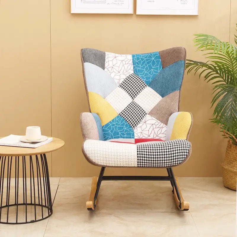 Mid-Century Patchwork Linen Rocking Chair with Wooden Legs 4