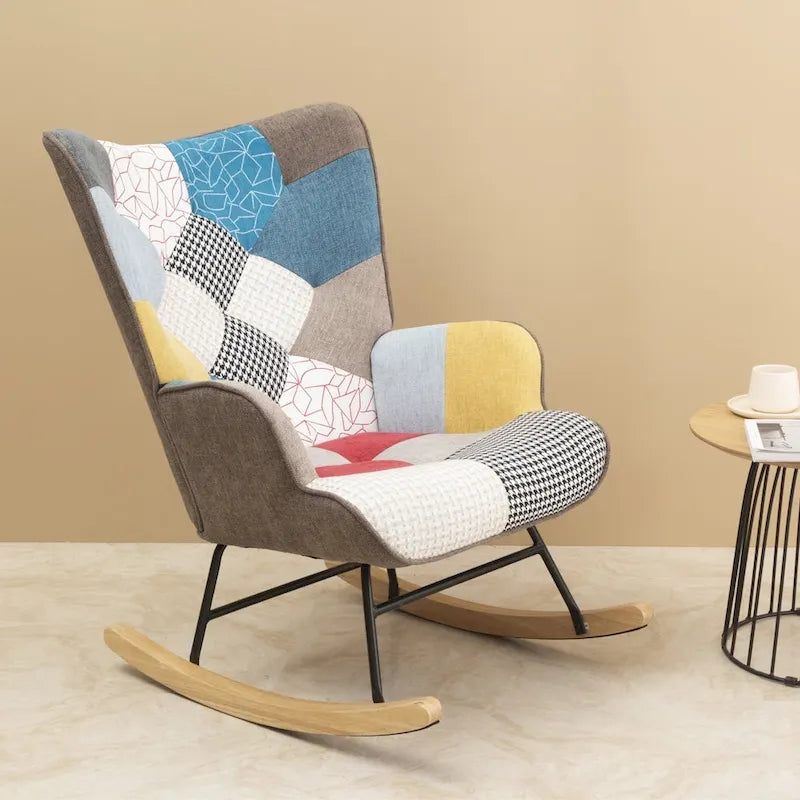 Mid-Century Patchwork Linen Rocking Chair with Wooden Legs 5