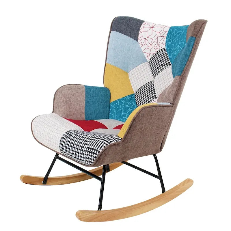 Mid-Century Patchwork Linen Rocking Chair with Wooden Legs 6