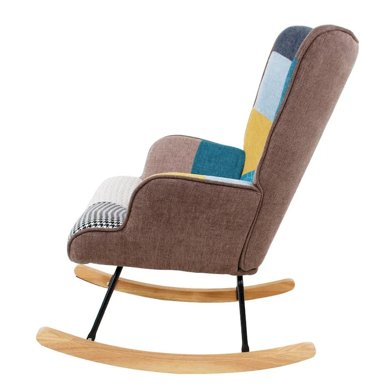Mid-Century Patchwork Linen Rocking Chair with Wooden Legs 7