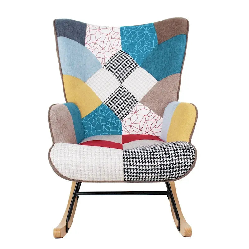Mid-Century Patchwork Linen Rocking Chair with Wooden Legs 8