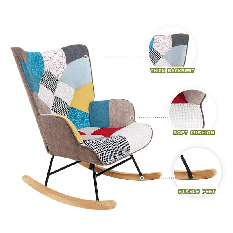 Mid-Century Patchwork Linen Rocking Chair with Wooden Legs 9