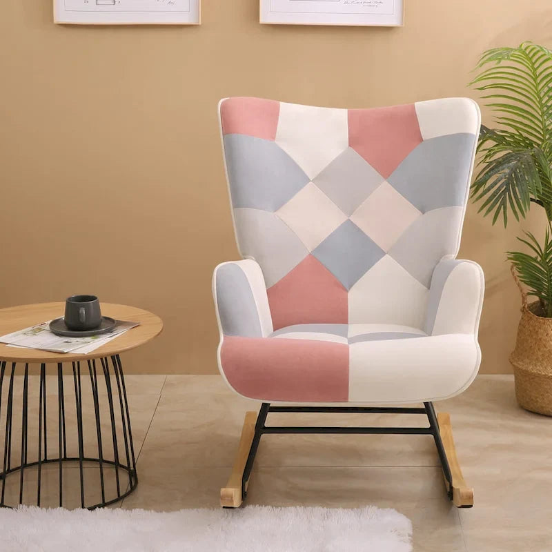 Mid-Century Patchwork Linen Rocking Chair with Wooden Legs 12