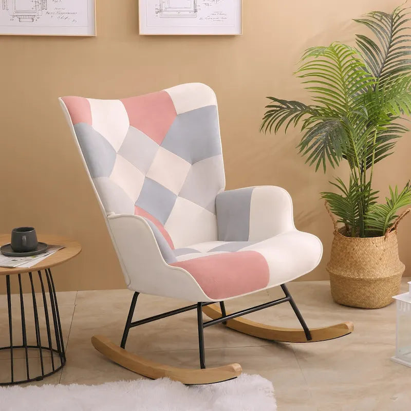 Mid-Century Patchwork Linen Rocking Chair with Wooden Legs 13