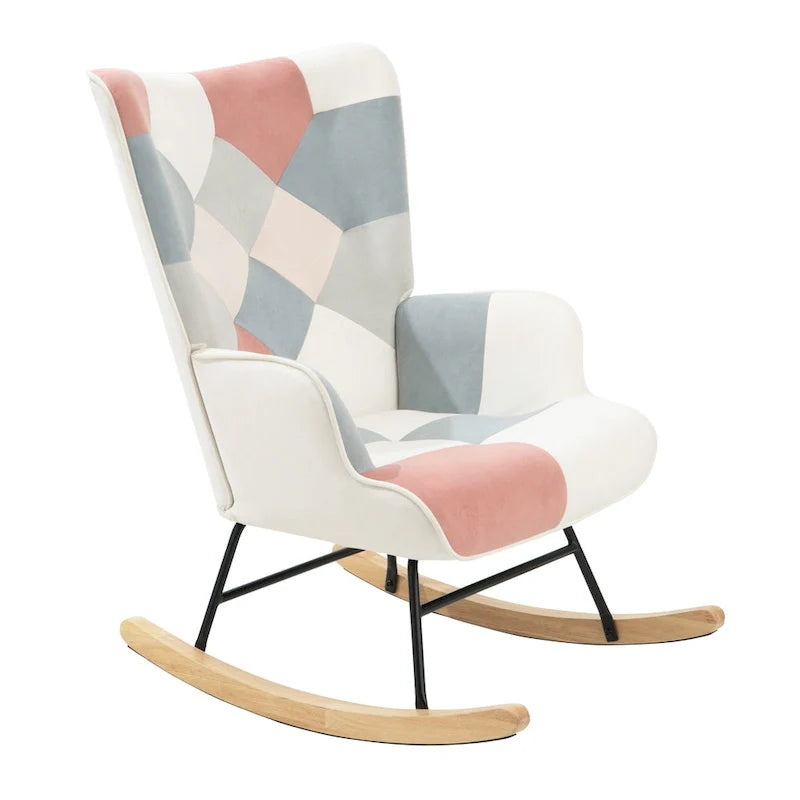 Mid-Century Patchwork Linen Rocking Chair with Wooden Legs 14