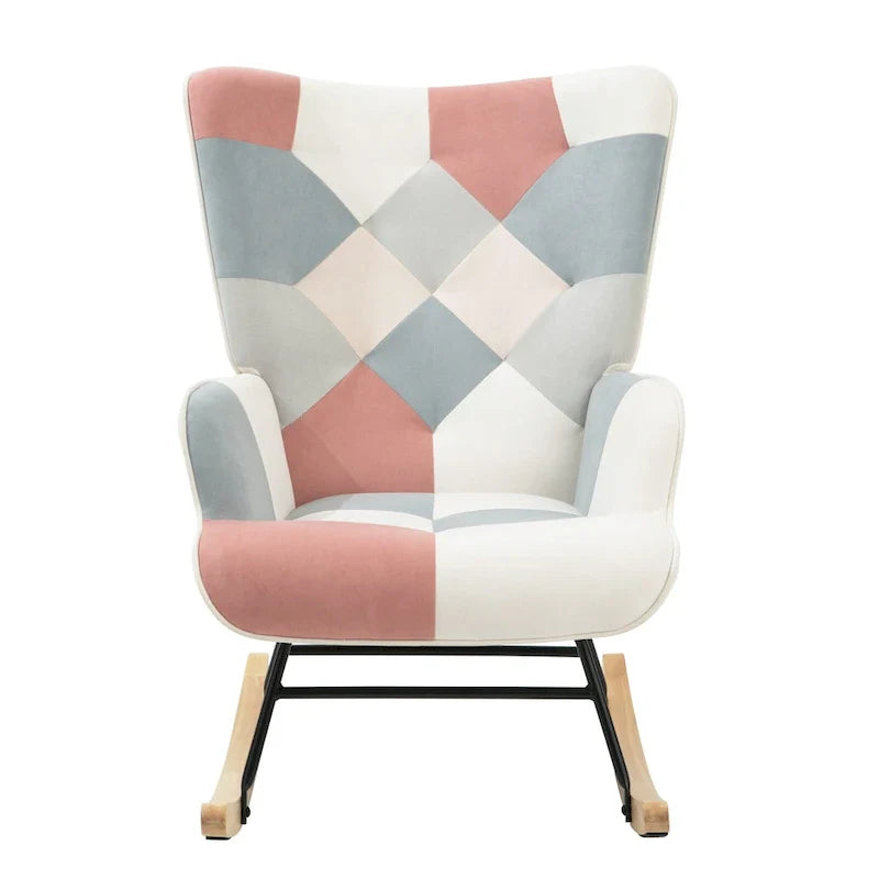 Mid-Century Patchwork Linen Rocking Chair with Wooden Legs 15