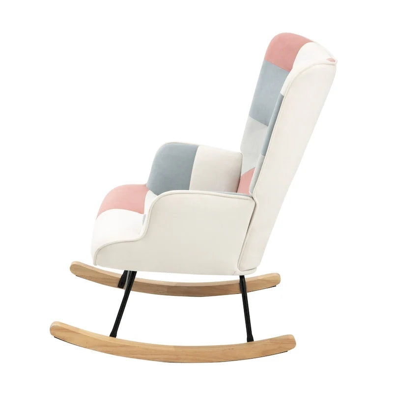 Mid-Century Patchwork Linen Rocking Chair with Wooden Legs 16