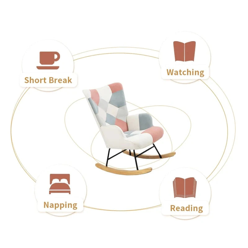 Mid-Century Patchwork Linen Rocking Chair with Wooden Legs 18