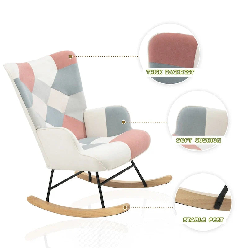 Mid-Century Patchwork Linen Rocking Chair with Wooden Legs 19
