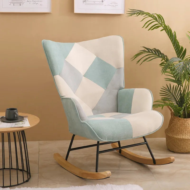 Mid-Century Patchwork Linen Rocking Chair with Wooden Legs 21