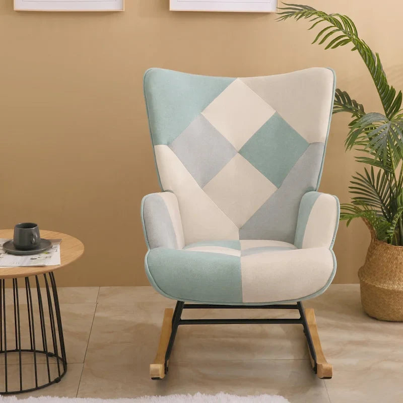 Mid-Century Patchwork Linen Rocking Chair with Wooden Legs 22