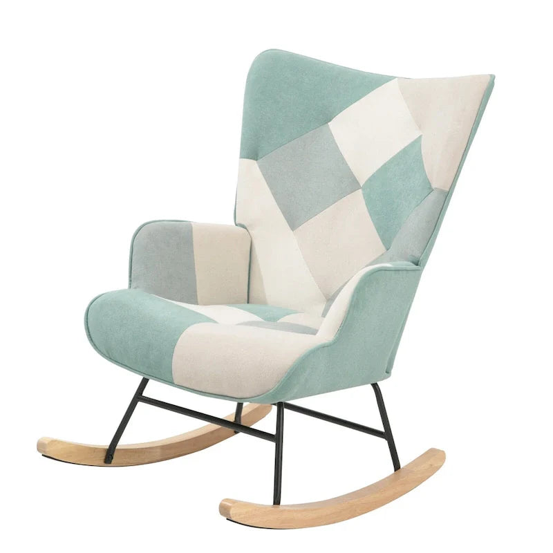 Mid-Century Patchwork Linen Rocking Chair with Wooden Legs 23