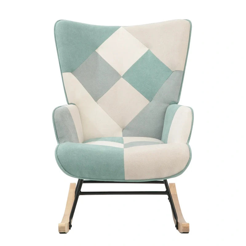 Mid-Century Patchwork Linen Rocking Chair with Wooden Legs 24