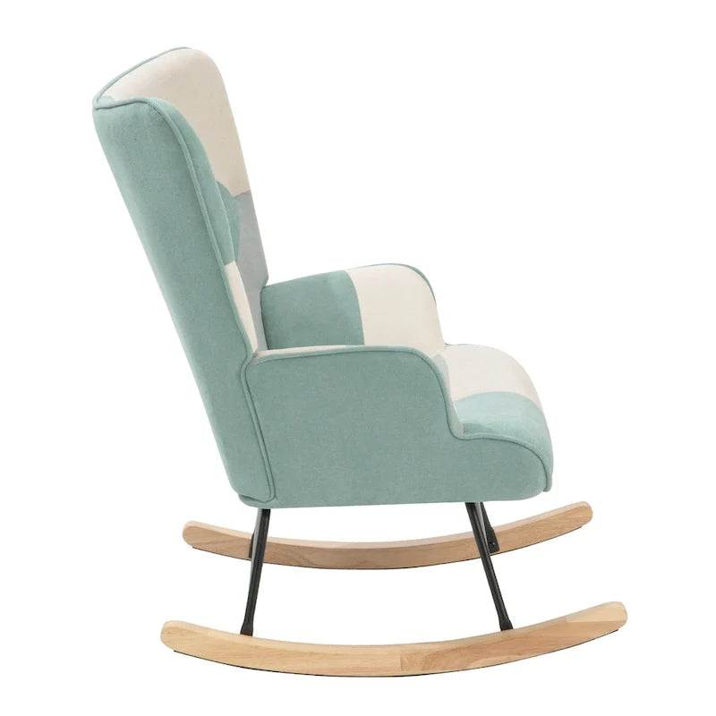 Mid-Century Patchwork Linen Rocking Chair with Wooden Legs 25