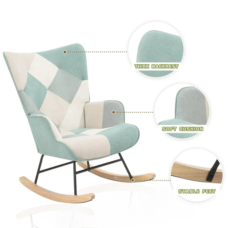 Mid-Century Patchwork Linen Rocking Chair with Wooden Legs 27