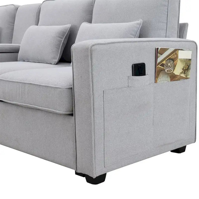 Merax 104 Modern 4-Seater Linen Sofa with Armrest Pockets and 4 Pillows - Minimalist Design 5