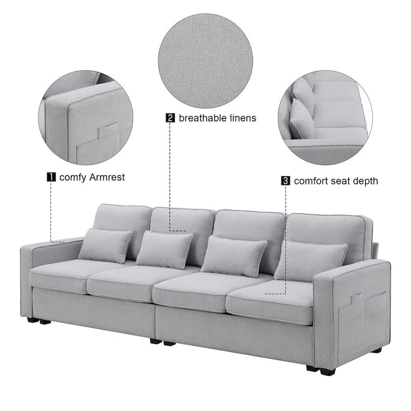 Merax 104 Modern 4-Seater Linen Sofa with Armrest Pockets and 4 Pillows - Minimalist Design 8