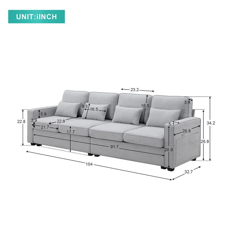 Merax 104 Modern 4-Seater Linen Sofa with Armrest Pockets and 4 Pillows - Minimalist Design 10