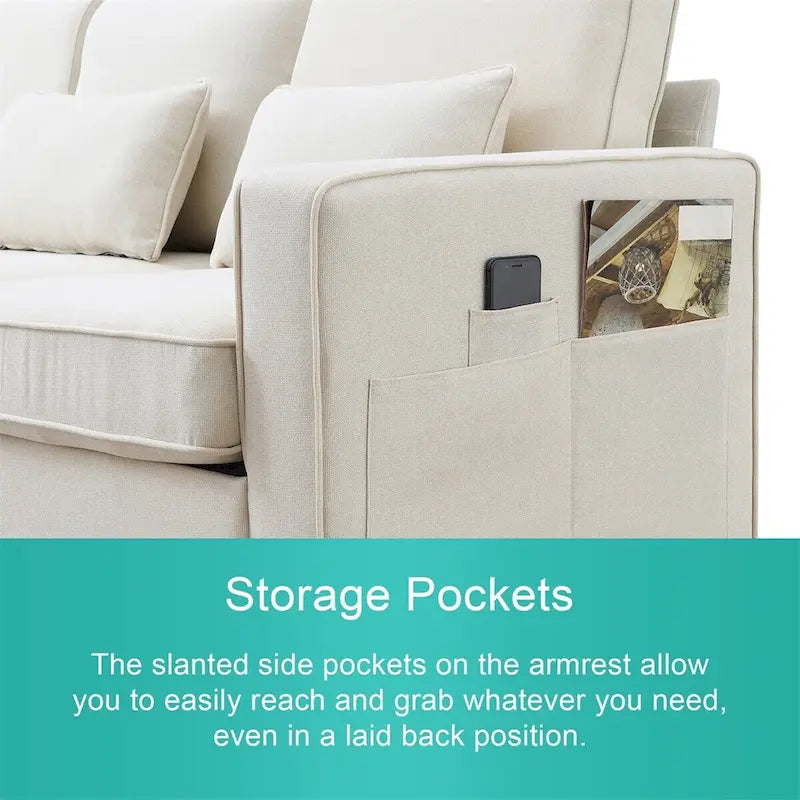 Merax 104 Modern 4-Seater Linen Sofa with Armrest Pockets and 4 Pillows - Minimalist Design 18