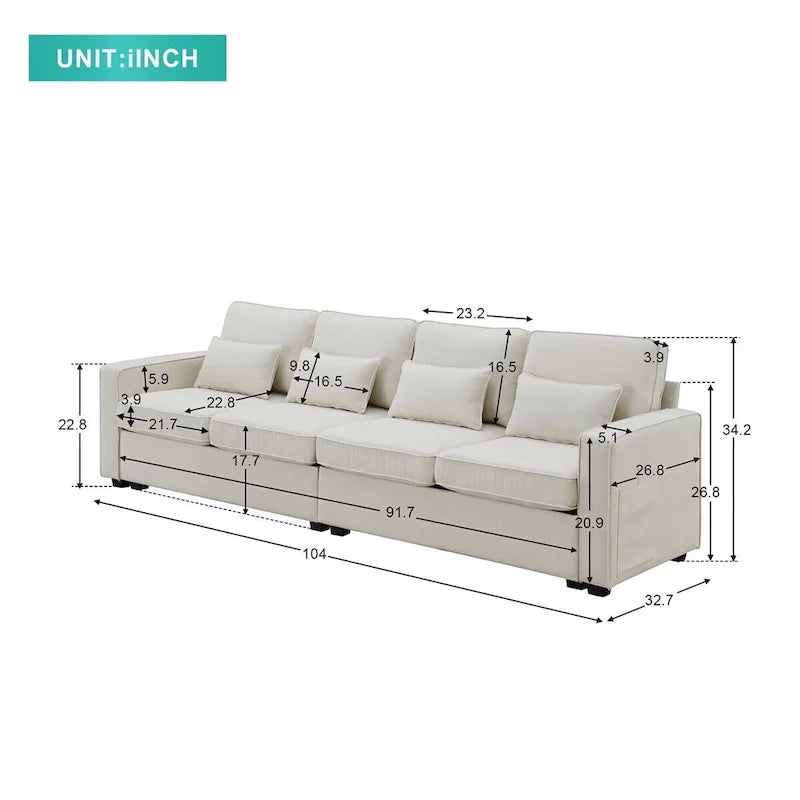 Merax 104 Modern 4-Seater Linen Sofa with Armrest Pockets and 4 Pillows - Minimalist Design 20