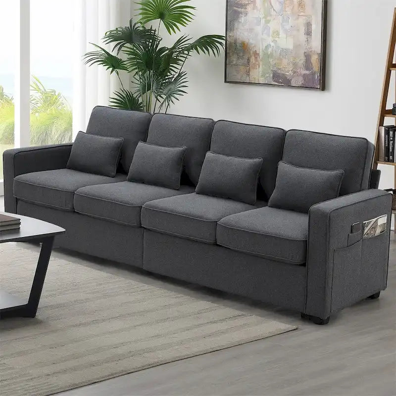 Merax 104 Modern 4-Seater Linen Sofa with Armrest Pockets and 4 Pillows - Minimalist Design 21