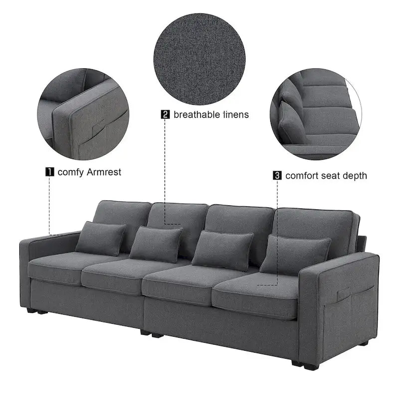 Merax 104 Modern 4-Seater Linen Sofa with Armrest Pockets and 4 Pillows - Minimalist Design 29