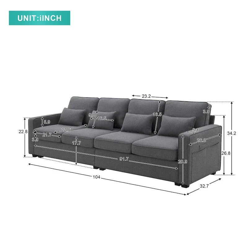 Merax 104 Modern 4-Seater Linen Sofa with Armrest Pockets and 4 Pillows - Minimalist Design 30