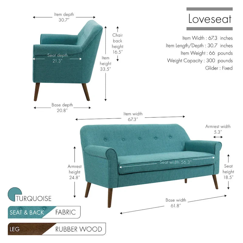 Porthos Home Ruth Small Fabric Loveseat Sofa with Rubberwood Frame 19