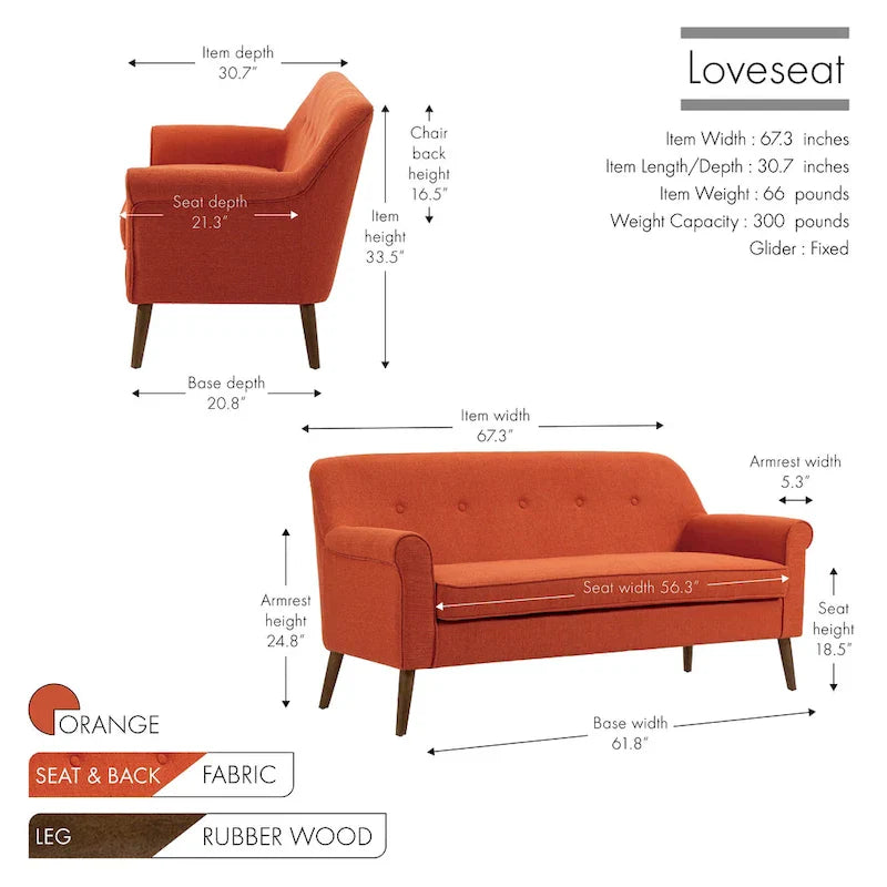 Porthos Home Ruth Small Fabric Loveseat Sofa with Rubberwood Frame 25