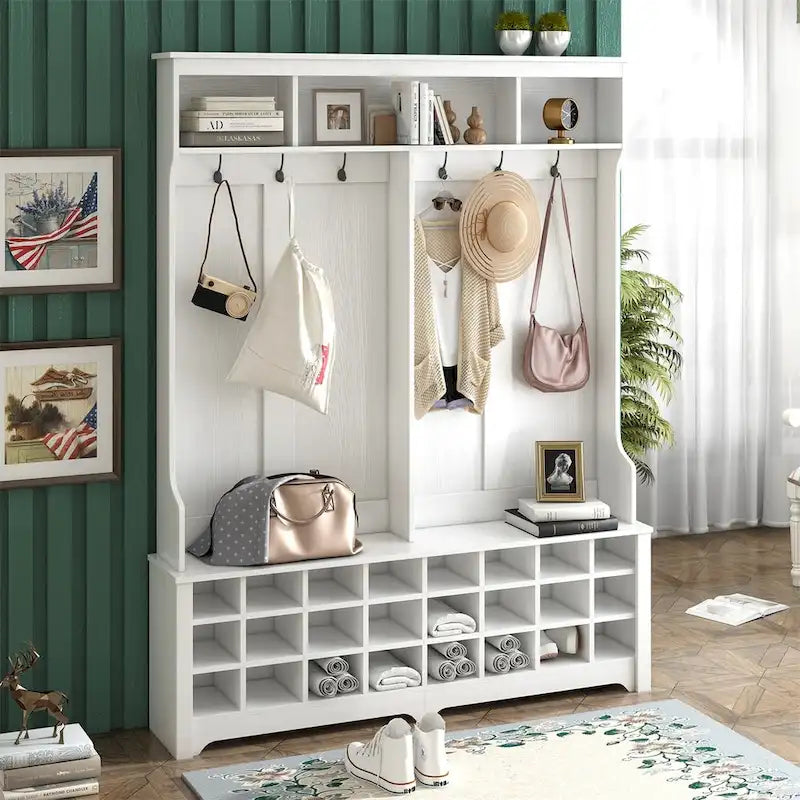 Merax Versatile Hall Tree with Hooks, Shelves, and 24 Shoe Storage Cubbies 1