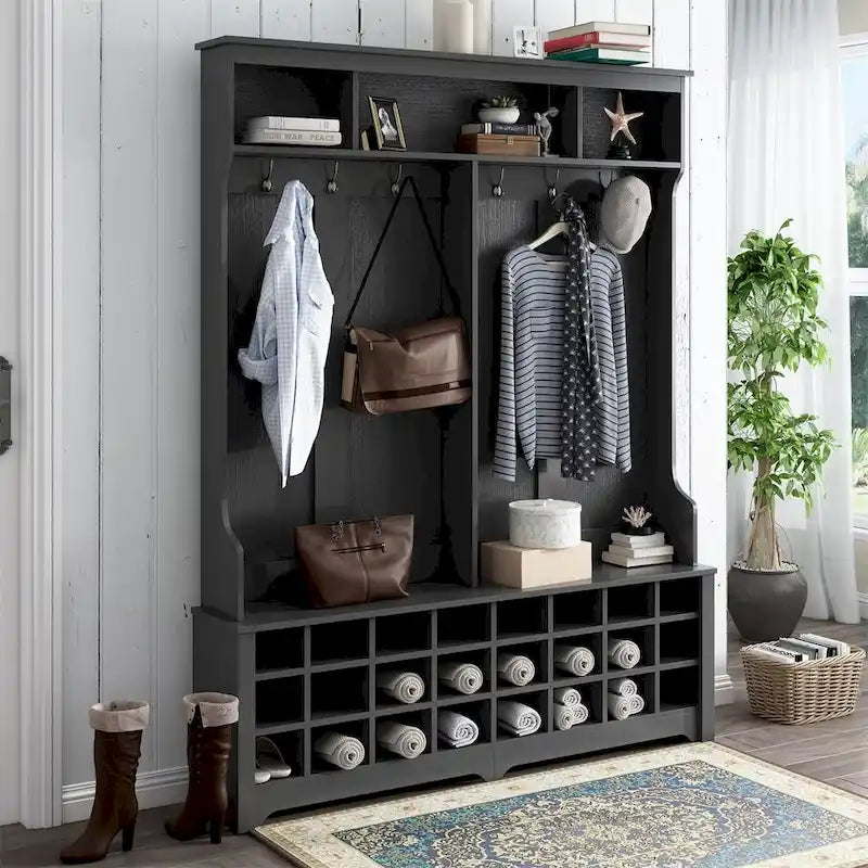 Merax Versatile Hall Tree with Hooks, Shelves, and 24 Shoe Storage Cubbies 8