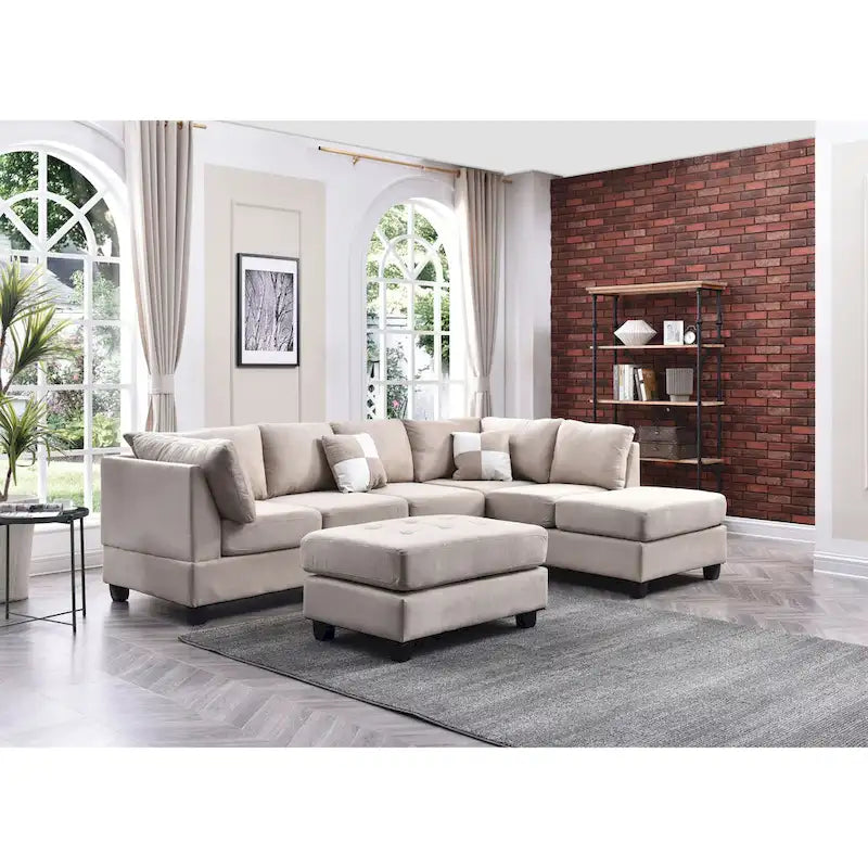 Malone 111-Inch Suede 4-Seater Sectional Sofa with Two Throw Pillows - Dimensions: 111L x 78W x 34H 9