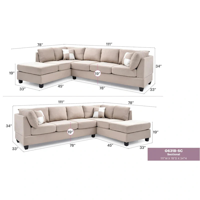 Malone 111-Inch Suede 4-Seater Sectional Sofa with Two Throw Pillows - Dimensions: 111L x 78W x 34H 10