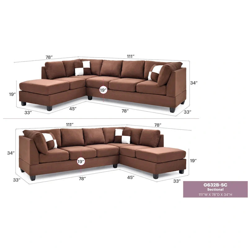Malone 111-Inch Suede 4-Seater Sectional Sofa with Two Throw Pillows - Dimensions: 111L x 78W x 34H 16