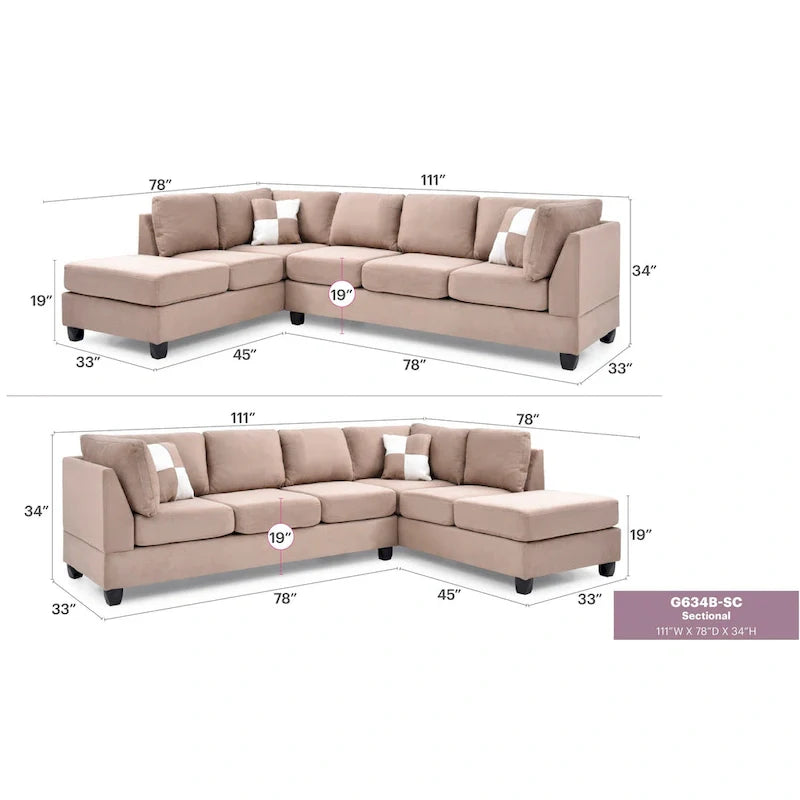 Malone 111-Inch Suede 4-Seater Sectional Sofa with Two Throw Pillows - Dimensions: 111L x 78W x 34H 22