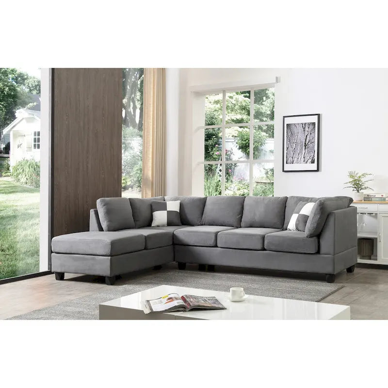 Malone 111-Inch Suede 4-Seater Sectional Sofa with Two Throw Pillows - Dimensions: 111L x 78W x 34H 27