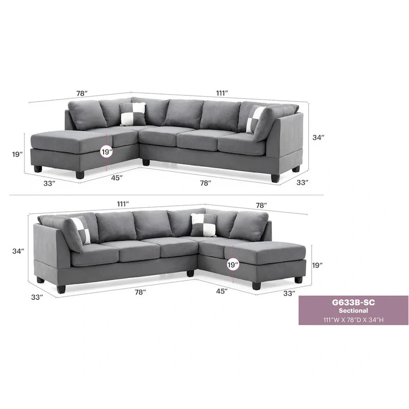 Malone 111-Inch Suede 4-Seater Sectional Sofa with Two Throw Pillows - Dimensions: 111L x 78W x 34H 28