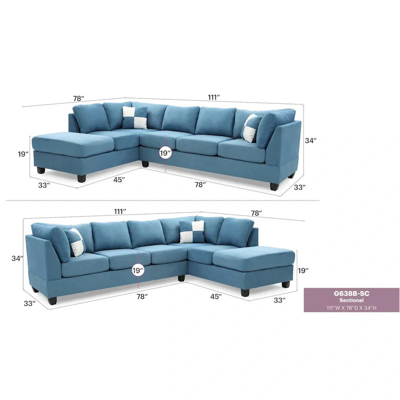 Malone 111-Inch Suede 4-Seater Sectional Sofa with Two Throw Pillows - Dimensions: 111L x 78W x 34H 34