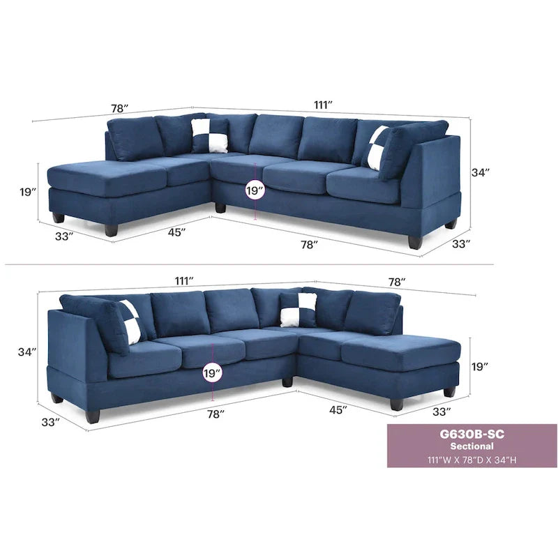 Malone 111-Inch Suede 4-Seater Sectional Sofa with Two Throw Pillows - Dimensions: 111L x 78W x 34H 35