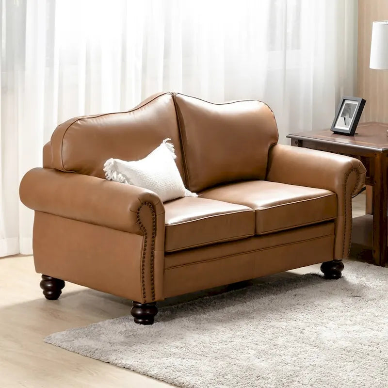 Leather Loveseat Sofa with Rolled Arms and Nailhead Trim